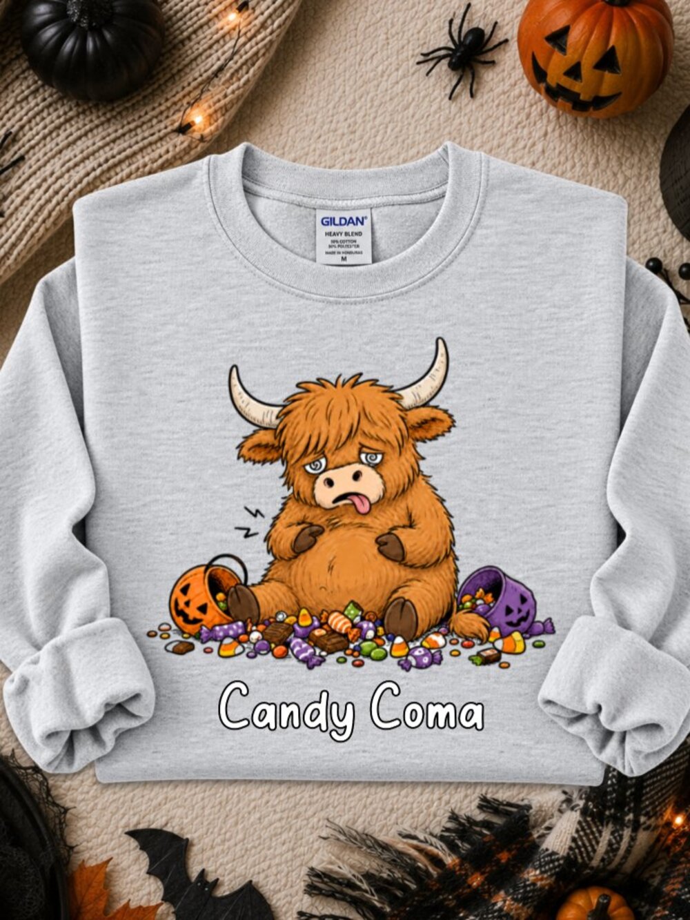 Halloween Highland Cow Sweatshirt Graphic Crewneck Trick Treat Candy Coma Funny